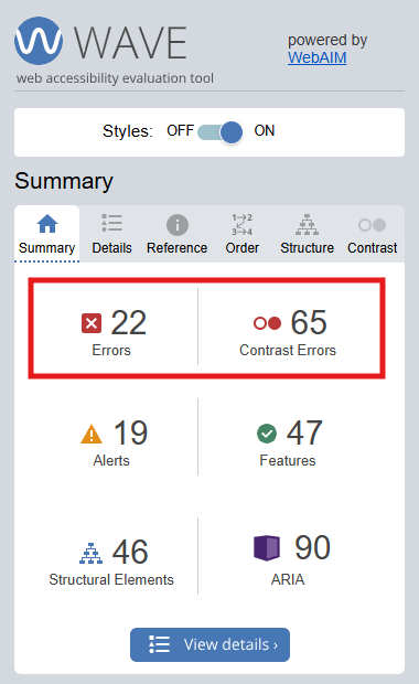 Záložka Summary v nástroji WAVE Záložka Summary v nástroji WAVE